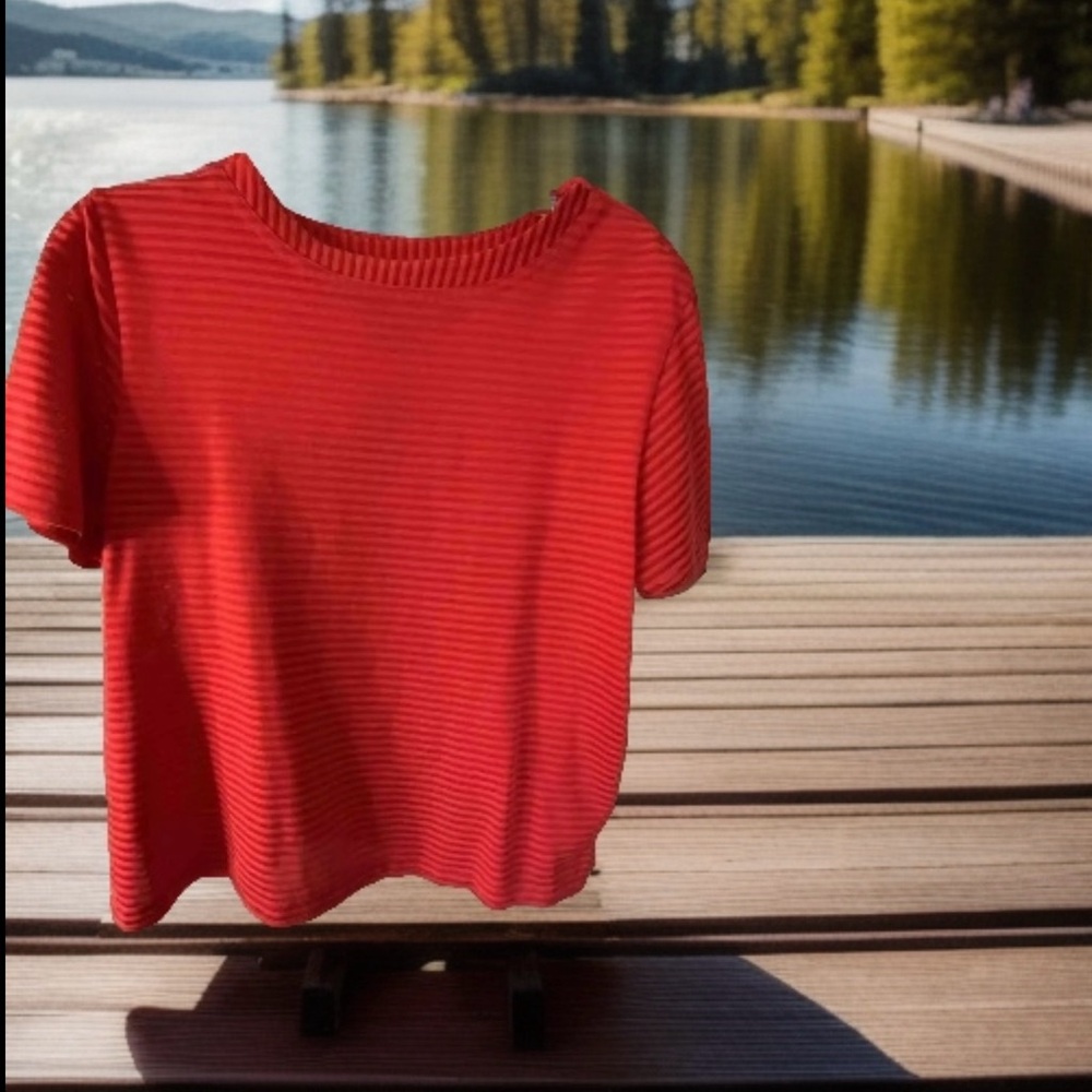 Norton Studio Red Pin Stripe Short Sleeve CroppedWomen’s Blouse Size 12 Holiday